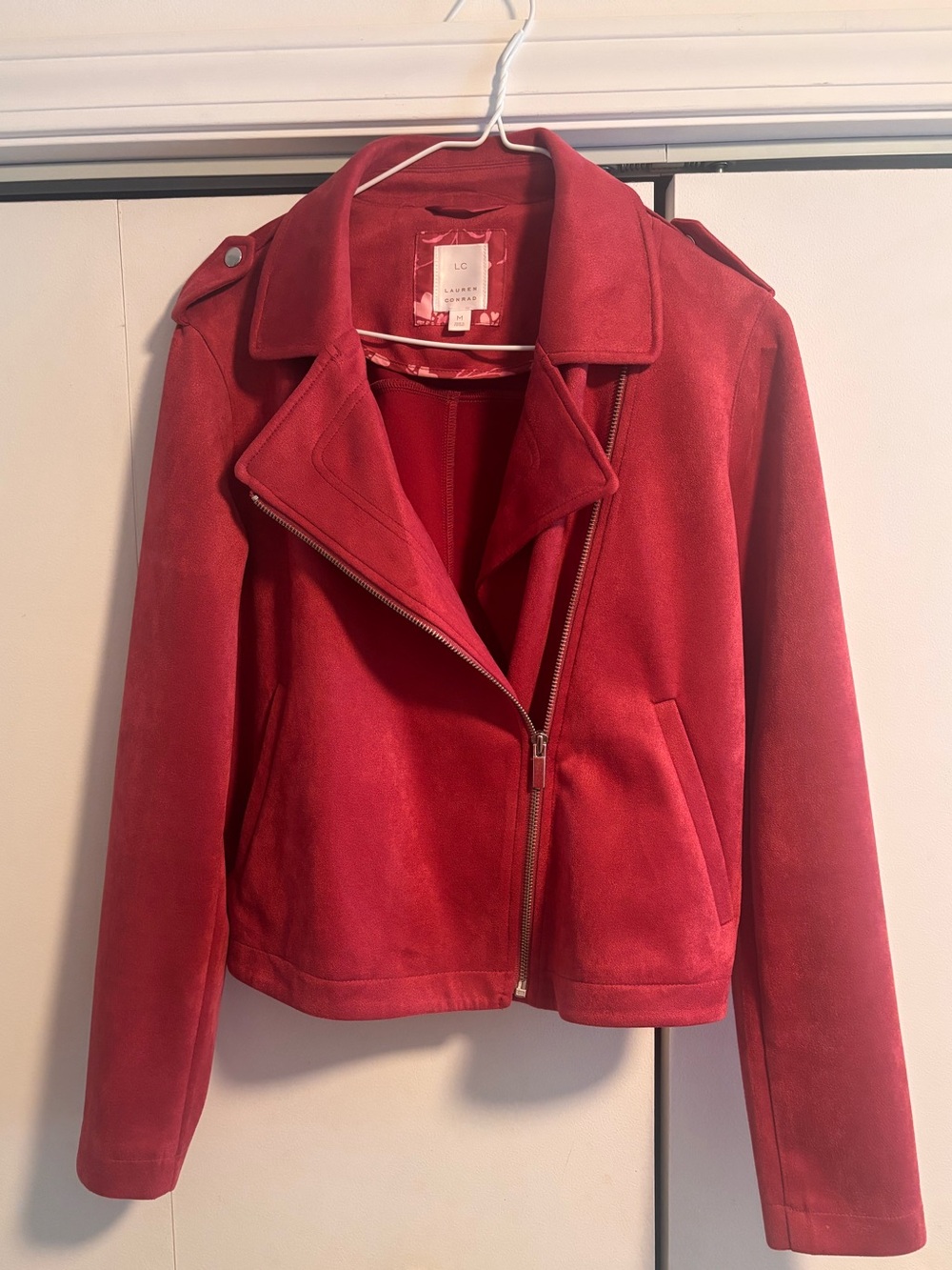 LC Lauren Conrad Cranberry Pink Faux Suede Moto Jacket Women's Medium Zip-Up